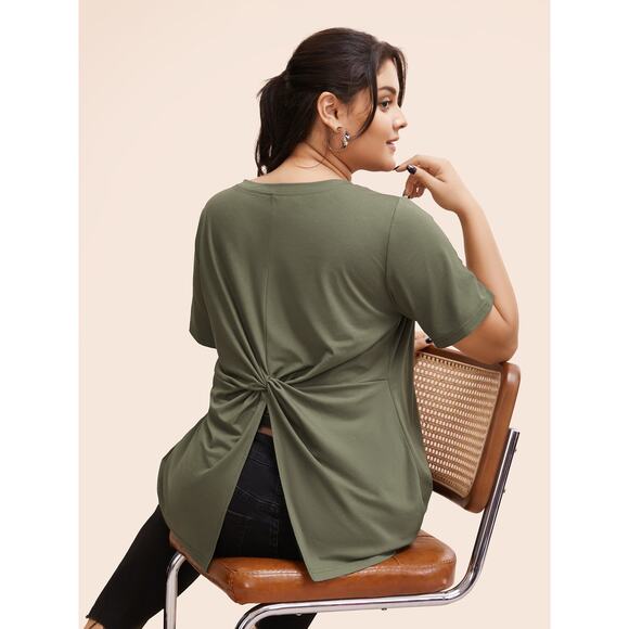 Size 12 Large Sage Green BloomChic Twist Back V Neck T shirt Stretch - Picture 5 of 8